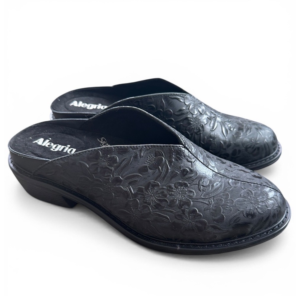 Alegria Black Floral Embossed Leather Mules